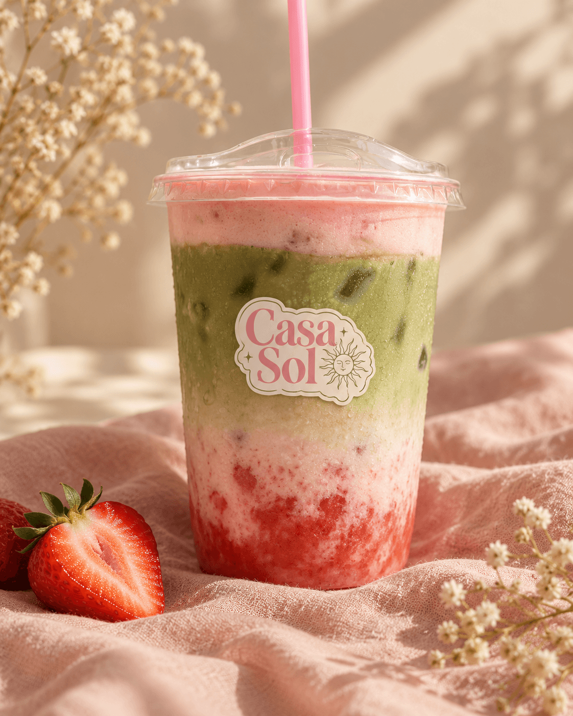 A styled Casa Sol strawberry matcha on blush linen